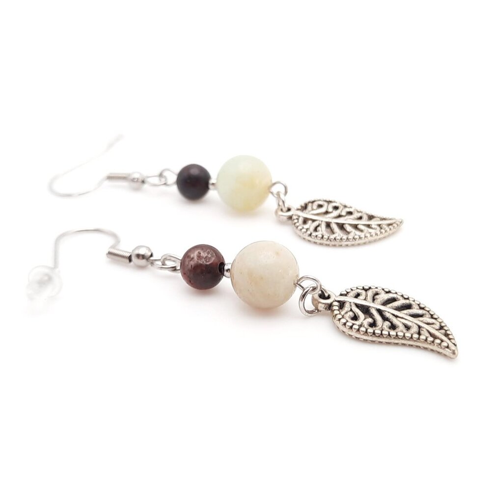Amazonite Jasper Chakra Gemstone Dangle Drop Leaf Earrings Handmade Jewelry